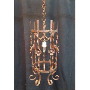 Twisted Hand Wrought Iron One LIght Chandelier With Flower Petal Accents