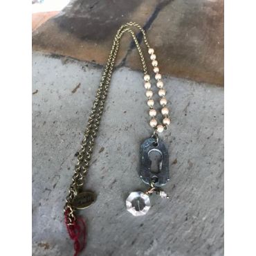 Vintage Sarabeth - Faux Pearl Beaded Key Escutcheon Necklace