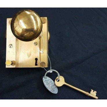 WWII Solid Brass Ship's Rim Lock with Round Knob Key and "Crews Laundry" Fob
