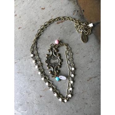 Vintage Sarabeth - Rosary Style White Beaded Brass Key Escutcheon Necklace