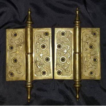 Ornate  Pair of Eastlake Solid Brass Victorian Steeple Hinges #GA276
