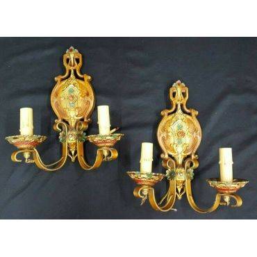 Pair of Ornate Multi Colored Art Deco Cast Iron & Wrought Iron Wall Sconces #GA1012