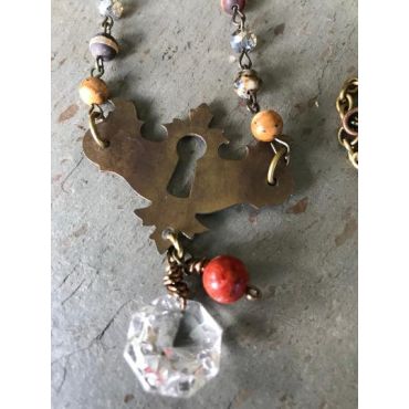 Vintage Sarabeth - Beaded Prism &  Brass Key Plate Necklace