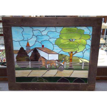 Very Large Multi-colored Horse Racing Design Stained Glass Window