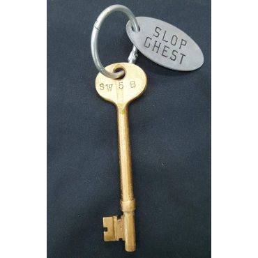 Solid Brass Military Ship's Skeleton Key with Room Tag "Slop Chest" #GA4329