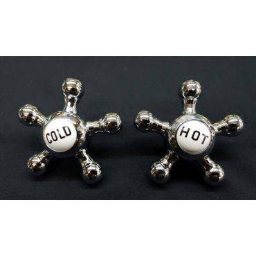 Pair of Polished Chrome and Porcelain Hot & Cold Faucet Knobs #GA186