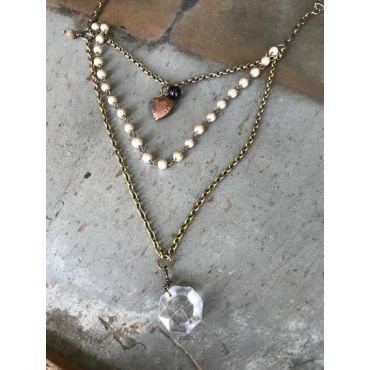 Vintage Sarabeth - Multi-Strand Necklace with Heart Charm and Reclaimed Chandelier Prism
