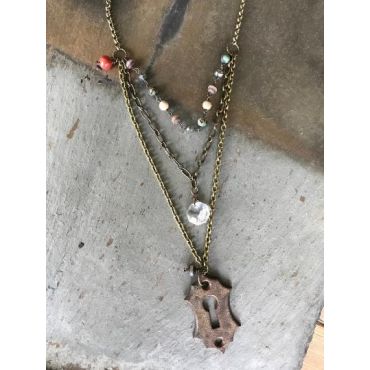 Vintage Sarabeth - Beads and Brass Key Escutcheon Salvaged Necklace