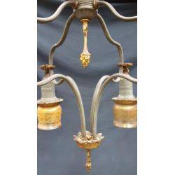 Rare 1920's Wrought Iron 4 Light With Amber Iridescent Shades Chandelier #GA69