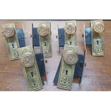Set of 6 Ornate Victorian Brass Mortice Lock Sets with Knobs & Back Plates #GA4396