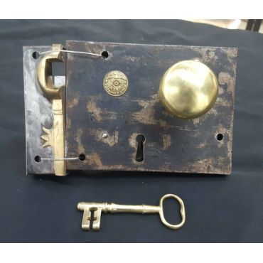 Restored Left Handed 1800's Carpenter #60 Rim Lock Set with Keeper Knobs & Key #GA724