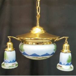 Antique Restored Brass Four Light Chandelier with Hand Painted Shades #GA4344