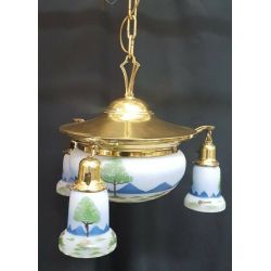 Antique Restored Brass Four Light Chandelier with Hand Painted Shades #GA4344