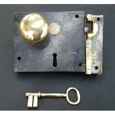 Original J. Walker Carpenter Rim Lock with Reproduction Door Knobs Key & Keeper #GA4378