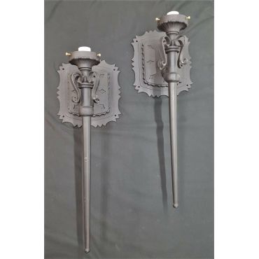 Pair of Very Large Black Cast Iron Wall Sconces #GA4355