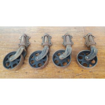 Very Large Set of 4 Cast Iron Industrial Swivel Casters